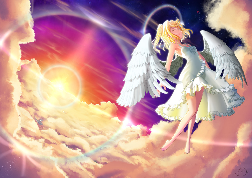 1girl above_clouds absurdres angel angel_wings artist_logo bare_legs bare_shoulders barefoot blonde_hair breasts closed_eyes cloud commentary_request dress feathered_wings flying frilled_dress frills full_body halo head_back highres kekka0820 knees_together_feet_apart logo medium_breasts medium_hair open_mouth original sky sleeveless sleeveless_dress solo star_(sky) starry_sky sun sunset toes white_dress white_wings wings