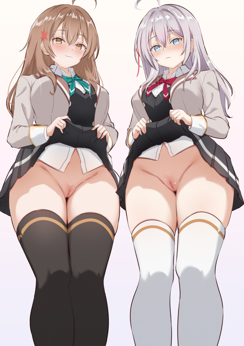 ahoge alisa_mikhailovna_kujou aqua_bow aqua_bowtie black_skirt black_thighhighs black_vest blazer blue_eyes blush bow bowtie breasts brown_eyes brown_hair censored closed_mouth clothes_lift collared_shirt commentary_request flashing flower from_below gradient_background grey_background grey_jacket groin hair_flower hair_ornament hair_ribbon highres jacket large_breasts long_sleeves looking_at_viewer mariya_mikhailovna_kujou miniskirt mosaic_censoring no_panties nyarumon paid_reward_available pleated_shirt pleated_skirt pussy red_bow red_bowtie red_ribbon ribbon school_uniform seiren_academy_school_uniform shirt siblings sisters skirt skirt_lift thighhighs thighs tokidoki_bosotto_roshia-go_de_dereru_tonari_no_alya-san vest white_jacket white_shirt white_thighhighs