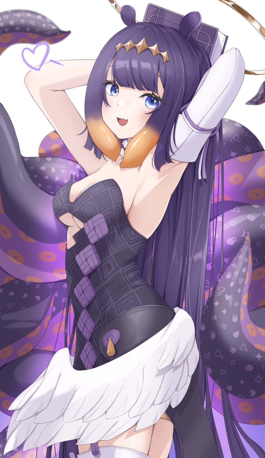 1girl absurdres alternate_breast_size breasts cleavage hairu_821 highres hololive hololive_english long_hair looking_at_viewer medium_breasts multicolored_hair ninomae_ina&#039;nis ninomae_ina&#039;nis_(1st_costume) open_mouth purple_eyes purple_hair smile solo streaked_hair tentacles virtual_youtuber