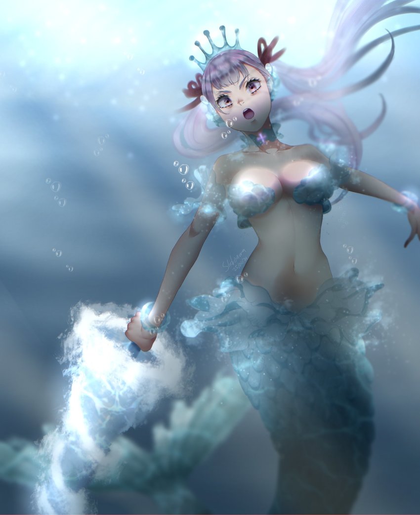 battle_armor black_clover bra breasts highres large_breasts long_hair mermaid monster_girl noelle_silva purple_eyes swimming twintails underwater underwear water white_hair