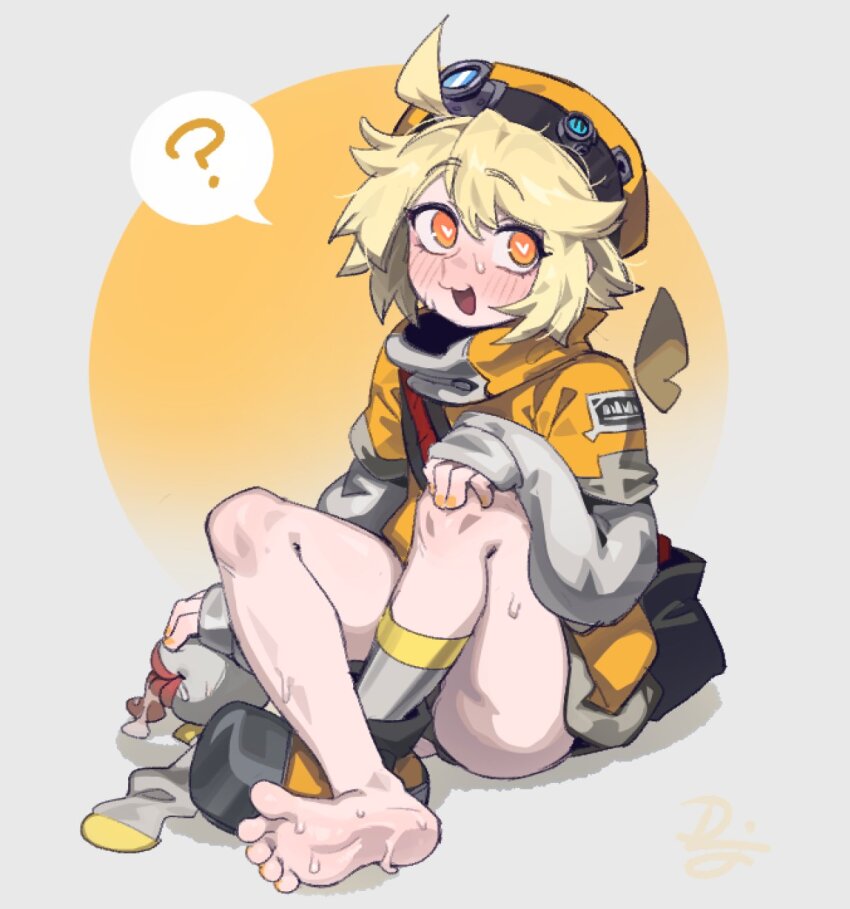 ? barefoot blonde_hair blush difman feet hat heart heart-shaped_pupils highres legs open_mouth orange_eyes original shoes short_hair simple_background single_shoe soles solo spoken_question_mark sweat symbol-shaped_pupils toes unworn_socks