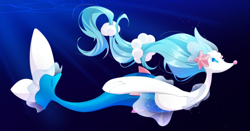 1girl blue_eyes blue_hair colored_skin creatures_(company) female_focus full_body game_freak gen_7_pokemon gradient_background hiromu-kun matching_hair/eyes nintendo no_humans pokemon pokemon_(creature) pokemon_sm primarina sea_lion skirt solo star_(symbol) underwater white_skin