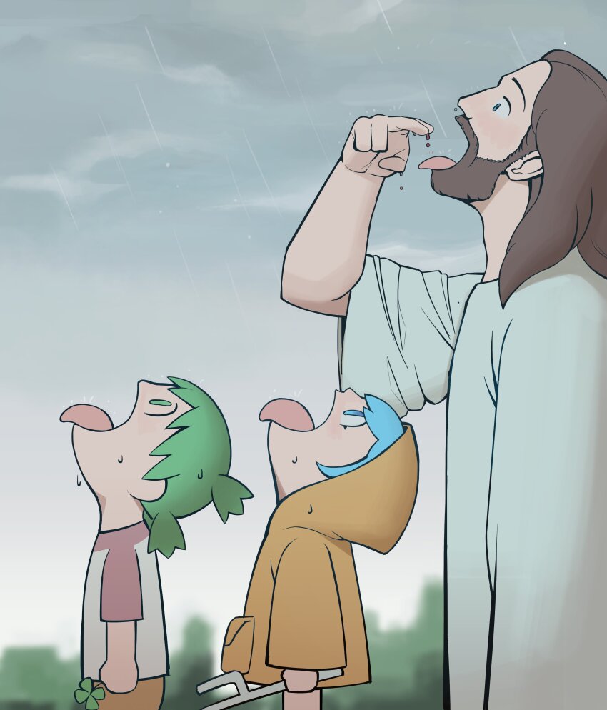 1boy 2girls absurdres alcohol beard blue_eyes blue_hair boonie_baby brown_hair cane clover commentary crossover english_commentary facial_hair finger_to_face flower four-leaf_clover from_side goku_and_vegeta_in_the_rain_(meme) green_eyes green_hair highres holding holding_cane holding_clover jesus jubilee_2025 koiwai_yotsuba looking_back looking_up luce_(jubilee_2025) medium_hair meme multiple_crossover multiple_girls mustache open_mouth overcast profile quad_tails rain robe rose shirt sky the_bible tongue tongue_out transmutation wet white_flower white_robe white_rose white_shirt wine yellow_raincoat yotsubato!