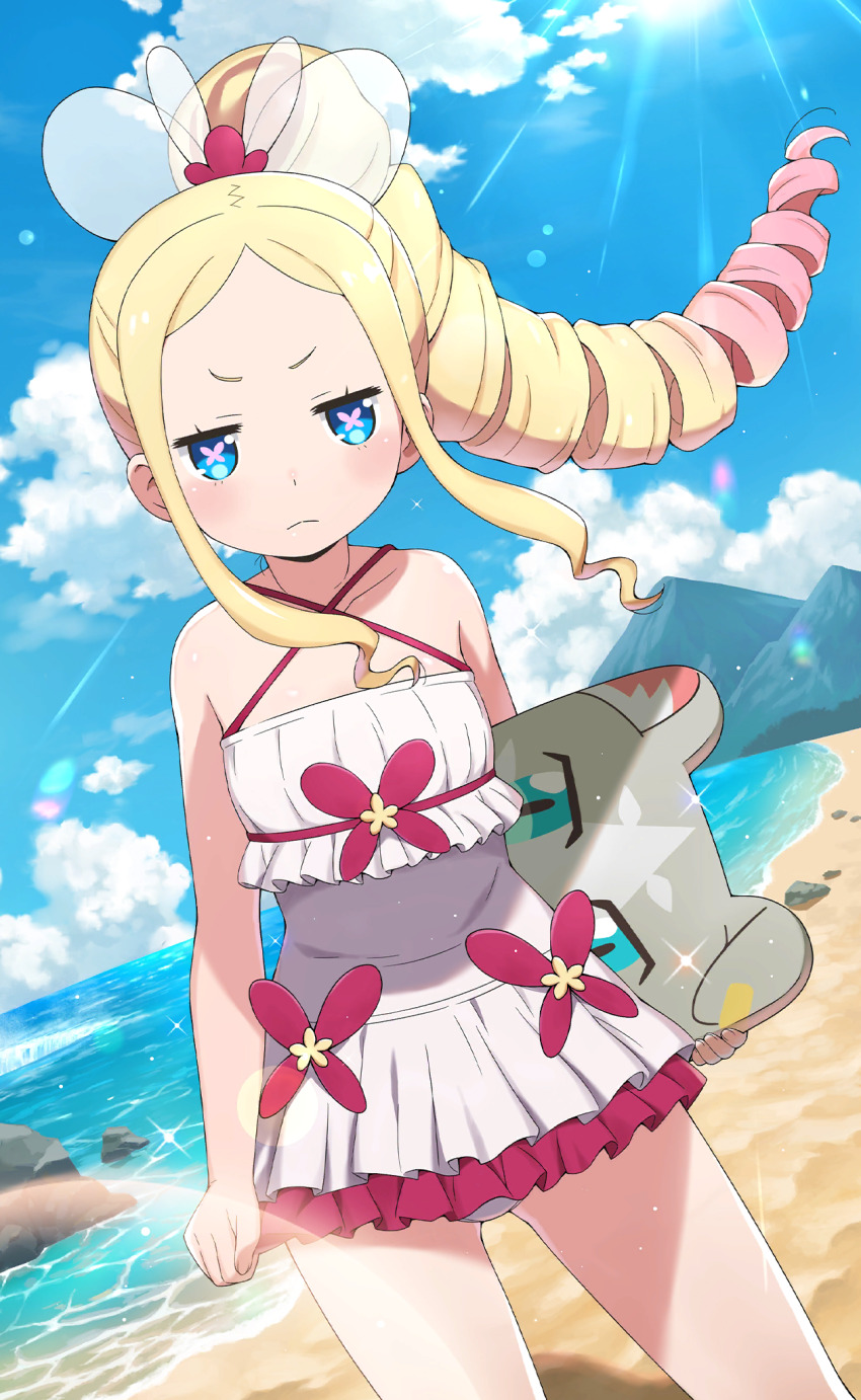 1girl bare_legs bare_shoulders beach beatrice_(re:zero) blonde_hair blue_eyes blue_sky blush butterfly-shaped_pupils cloud day drill_hair drill_ponytail forehead frown gradient_hair highres long_hair looking_at_viewer multicolored_hair non-web_source official_alternate_costume official_alternate_hairstyle official_art one-piece_swimsuit outdoors parted_bangs pink_hair pink_pupils ponytail puck_(re:zero) re:zero_kara_hajimeru_isekai_seikatsu re:zero_kara_hajimeru_isekai_seikatsu:_lost_in_memories sidelocks sky solo sunlight swimsuit swimsuit_skirt symbol-shaped_pupils v-shaped_eyebrows water white_one-piece_swimsuit