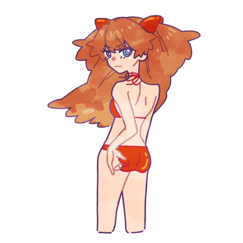 1girl ass bare_back bikini blue_eyes brown_hair bunnyhuman closed_mouth cropped_legs eyelashes from_behind highres long_hair looking_at_viewer looking_back neon_genesis_evangelion orange_bikini simple_background solo souryuu_asuka_langley swimsuit very_long_hair white_background