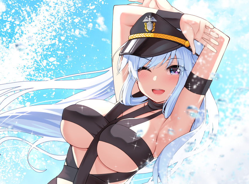 1girl ;d absurdres alternate_costume arm_strap armpits arms_up azur_lane black_hat blush breasts collarbone commentary dutch_angle emblem english_commentary enterprise_(azur_lane) hat highres hot_limit large_breasts long_hair looking_at_viewer military_hat mixed-language_commentary one_eye_closed open_mouth peaked_cap purple_eyes revealing_clothes sidelocks silver_hair smile solo sparkle splashing t.m.revolution takurowo underboob upper_body very_long_hair visor_cap water