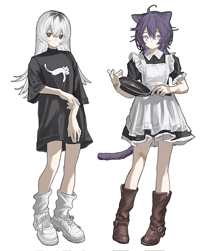 2girls ahoge animal_ears apron bandaid bandaid_on_arm bandaid_on_hand bandaid_on_leg black_dress black_shirt boots brown_eyes character_request closed_mouth corrupted_twitter_file dress expressionless frying_pan full_body girls_made_pudding grey_eyes hair_between_eyes highres holding long_hair looking_at_viewer maid maid_apron multiple_girls official_art print_shirt purple_hair shirt shoes short_sleeves standing zumochi