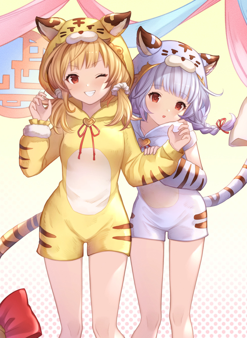 2girls :o absurdres animal_costume animal_hood animal_print annno_ans bai_(granblue_fantasy) blonde_hair blunt_bangs braid chinese_zodiac claw_pose detached_sleeves feet_out_of_frame granblue_fantasy grin hair_ornament hair_scrunchie halftone halftone_background hand_on_another&#039;s_arm hands_up highres hood huang_(granblue_fantasy) long_hair long_sleeves low_twintails multiple_girls neck_ribbon one_eye_closed red_eyes red_ribbon ribbon scrunchie single_braid smile standing tail tiger_costume tiger_hood tiger_print tiger_tail twintails white_hair yellow_background