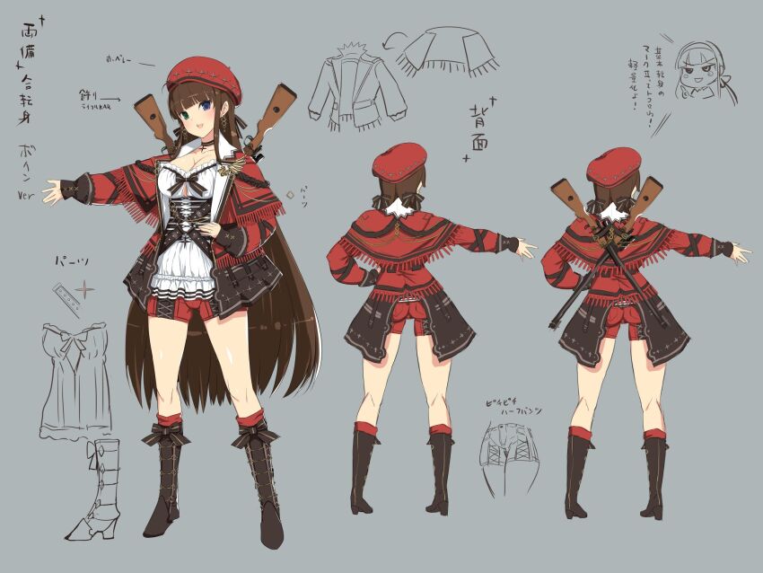 1girl adapted_costume ass back_holster belt blue_eyes blunt_ends blush boots bow breasts brown_bow brown_footwear brown_hair character_sheet chest_bow chibi chibi_inset cleavage commentary_request concept_art corset earrings full_body gluteal_fold green_eyes grey_background gun hairband hand_on_own_hip heterochromia highres holstered jacket jewelry large_breasts long_hair looking_at_viewer low_twintails multiple_views notes o-ring o-ring_belt official_alternate_costume official_alternate_hairstyle official_art open_mouth production_art red_jacket red_shawl red_shorts ribbon-trimmed_shirt ribbon_trim rifle ryoubi_(senran_kagura) senran_kagura senran_kagura_new_link senran_kagura_shinovi_versus shawl shirt short_shorts shorts simple_background solo standing translation_request turnaround twintails variations very_long_hair weapon white_shirt