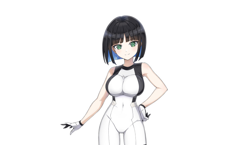 1girl black_hair blue_hair bodysuit dolphin_wave eines_(dolphin_wave) gloves green_eyes highres multicolored_hair navel official_art ootomo_takuji smile solo transparent_background