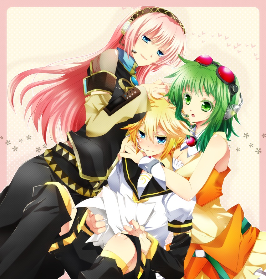 1boy 2girls akatsuki_yakyou blonde_hair blue_eyes blush girl_sandwich goggles goggles_on_head green_eyes green_hair gumi headphones headset highres kagamine_len long_hair megurine_luka multiple_girls pink_hair red-tinted_eyewear sandwiched short_hair shorts smile tinted_eyewear vocaloid