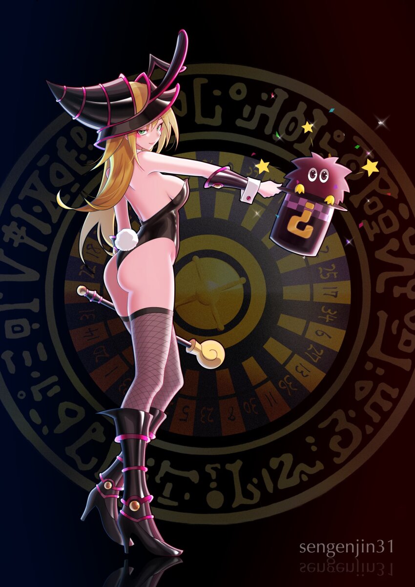 1girl animal_ears artist_name ass backless_leotard black_background blonde_hair boots commentary_request dark_magician_girl duel_monster fake_animal_ears fake_tail fishnet_thighhighs fishnets from_side full_body gloves green_eyes hat high_heels highres holding holding_hat holding_staff holding_unworn_clothes kuriboh leotard long_hair looking_at_viewer looking_to_the_side mixed-language_commentary phrygian_cap playboy_bunny rabbit_ears rabbit_tail sengenjin31 signature smile solo staff standing strapless strapless_leotard tail thighhighs top_hat wrist_cuffs yu-gi-oh!