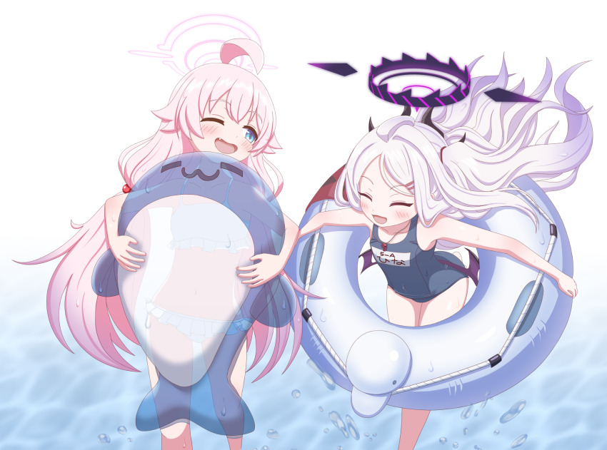 2girls :d ;d =_hair_ornament ^_^ ahoge bare_arms bare_shoulders bikini black_halo black_one-piece_swimsuit blue_archive blue_eyes blush breasts character_name closed_eyes commentary demon_girl demon_horns demon_wings fang feet_out_of_frame floating_hair frilled_bikini frills hair_bobbles hair_ornament hairclip halo happy highres hina_(blue_archive) hina_(swimsuit)_(blue_archive) holding horns hoshino_(blue_archive) hoshino_(swimsuit)_(blue_archive) huge_ahoge inflatable_dolphin inflatable_toy leaning_forward long_hair looking_at_another low_twintails low_wings mugisepa multiple_girls navel official_alternate_costume official_alternate_hairstyle one-piece_swimsuit one_eye_closed open_mouth outstretched_arms parted_bangs pink_hair pink_halo school_uniform small_breasts smile standing standing_on_one_leg swim_ring swimsuit twintails very_long_hair white_bikini white_hair wings