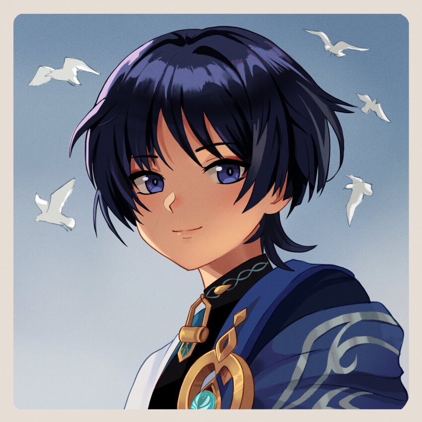 1boy anemo_symbol_(genshin_impact) angryoats aqua_gemstone bird black_bodysuit black_hair blue_cape blue_eyes blue_sky blunt_ends bodysuit border bright_pupils cape clear_sky closed_mouth eyeliner eyeshadow genshin_impact gold highres lipgloss looking_at_viewer makeup male_focus portrait red_eyeliner red_eyeshadow scaramouche_(genshin_impact) single_hair_intake sky smile solo three_quarter_view turtleneck turtleneck_bodysuit wanderer_(genshin_impact) white_border white_pupils white_sleeves white_trim