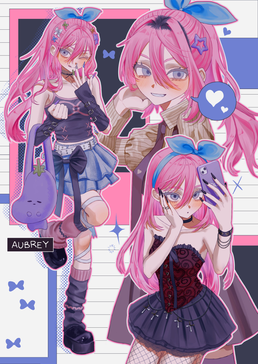 1girl :o :q absurdres aegyo_sal alternate_costume alternate_hairstyle arm_warmers asymmetrical_legwear aubrey_(faraway)_(omori) aubrey_(omori) bandaged_leg bandages bare_arms bare_shoulders belt black_arm_warmers black_bow black_camisole black_choker black_footwear black_nails black_ribbon black_skirt black_socks blue_bow blue_hairband blue_nails blue_skirt blush bodice bow bow_hairband bow_skirt bracelet breasts camisole character_name choker closed_mouth collarbone colored_eyelashes cowboy_shot cropped_torso cross-laced_clothes double-parted_bangs drop_shadow fingernails fishnet_pantyhose fishnets frills full_body green_bow green_nails grey_eyes grin hair_between_eyes hair_bow hair_intakes hair_ornament hair_over_shoulder hairband halftone hand_on_own_cheek hand_on_own_face hand_up hands_up head_tilt heart highres holding holding_phone jewelry juliet_sleeves kneehighs layered_skirt lifejam_403 long_fingernails long_hair long_sleeves looking_at_phone looking_at_viewer loose_socks midriff_peek miniskirt mismatched_legwear mr._plantegg_(omori) multicolored_hair multicolored_nails multiple_hair_bows multiple_views nail_polish necktie omori one_eye_closed orange_bow orange_nails outline pantyhose phone pink_hair pink_outline pink_socks pink_trim platform_footwear ponytail puffy_sleeves purple_bag purple_bow purple_nails purple_necktie red_bodice ribbon ring roots_(hair) sharp_fingernails shoes sidelocks simple_background skirt small_breasts smile socks sparkle spoken_heart standing standing_on_one_leg star_(symbol) star_hair_ornament tongue tongue_out two-tone_socks very_long_fingernails white_belt white_bow white_nails white_outline