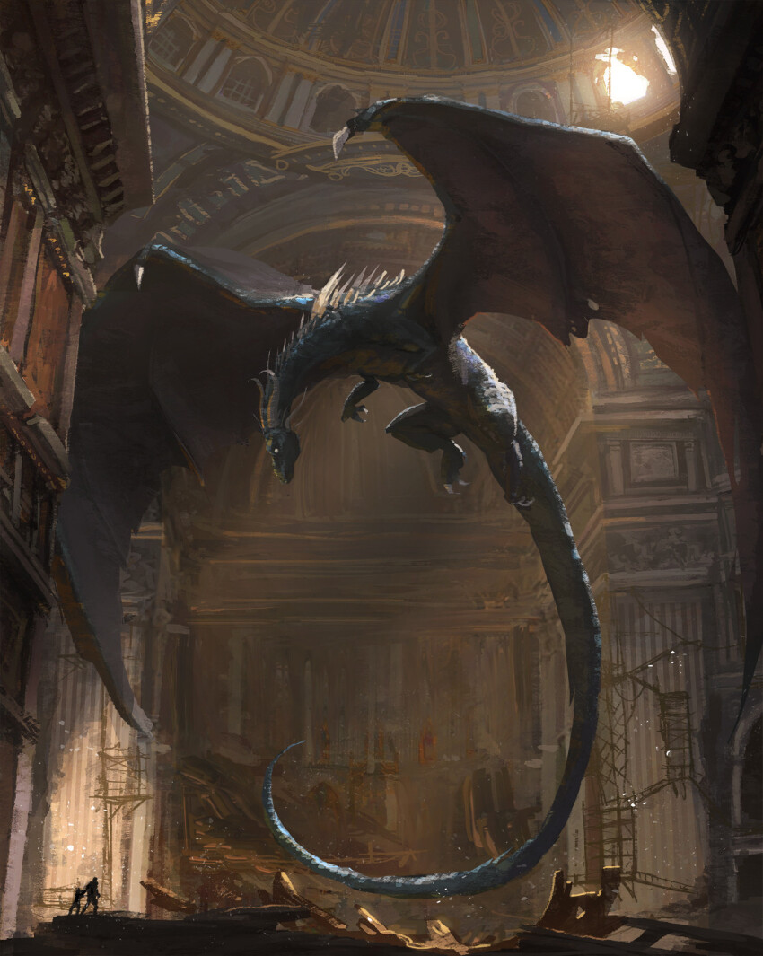 animal_focus architecture claws column commentary day debris dragon english_commentary fantasy from_side highres hole_in_ceiling horns indoors monster original painterly pillar renart silhouette spread_wings tail western_dragon wings