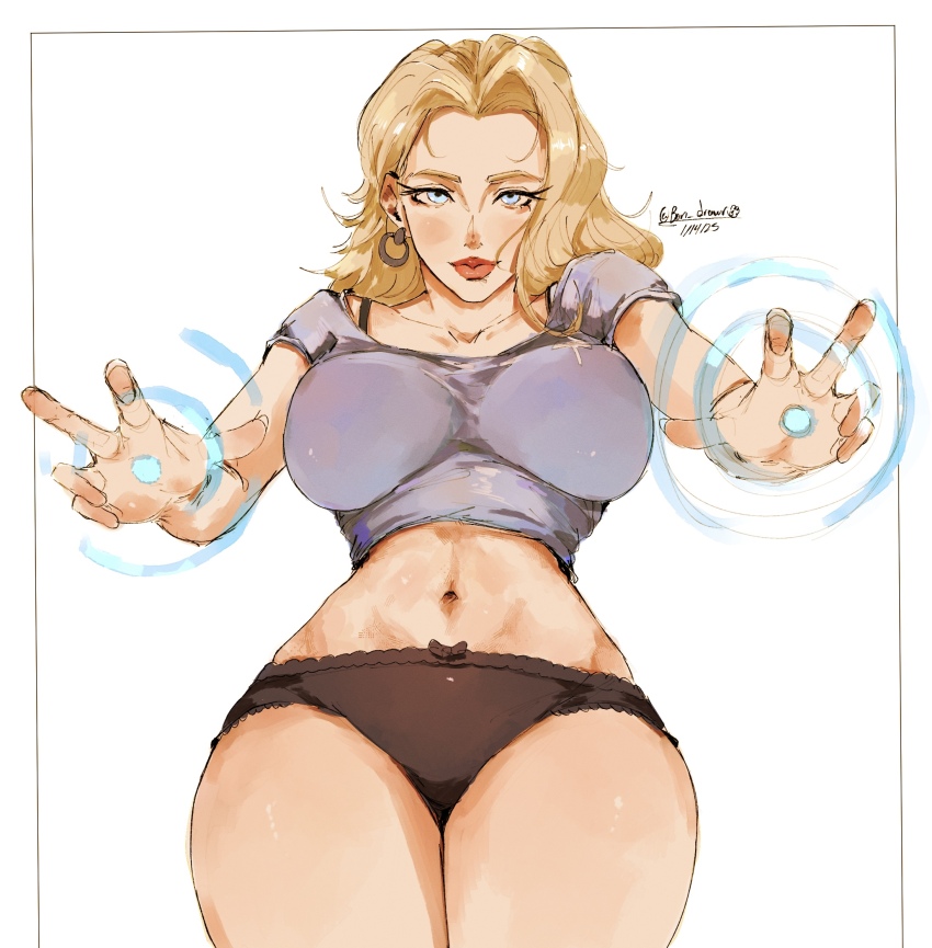 1girl blonde_hair blue_eyes bon_drawr breasts fantastic_four highres large_breasts long_hair looking_at_viewer marvel marvel_rivals panties simple_background smile solo sue_storm underwear white_background