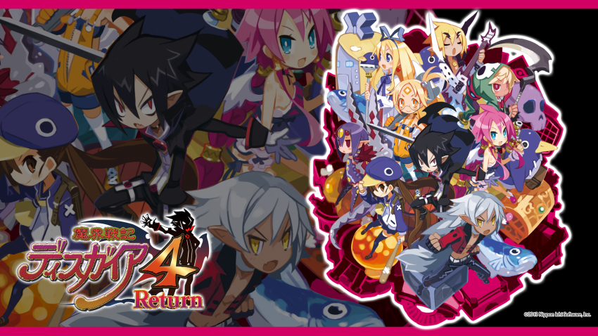 4boys 5girls akutare_(disgaea) black_hair black_legwear blue_eyes blue_hat bow braid bright_pupils brown_eyes brown_hair choker closed_eyes copyright_name desco_(disgaea) disgaea emizel_(disgaea) facial_mark fenrich_(disgaea) fingerless_gloves fish flonne flonne_(archangel) forehead_mark glasses gloves grey_hair guitar hair_bow hair_tubes harada_takehito hat highres hood instrument jacket kazamatsuri_fuuka long_hair makai_senki_disgaea_4 monster_girl multiple_boys multiple_girls nagi_clockwork official_art official_wallpaper orange_eyes pants pink_hair pointy_ears prinny purple_hair red_eyes round_eyewear scythe shoes side_ponytail sidelocks skirt smile tail tan thighhighs treasure_chest twintails valvatorez_(disgaea) vulcanus_(disgaea_4) wand white_legwear wrench wrist_cuffs yellow_eyes zoom_layer