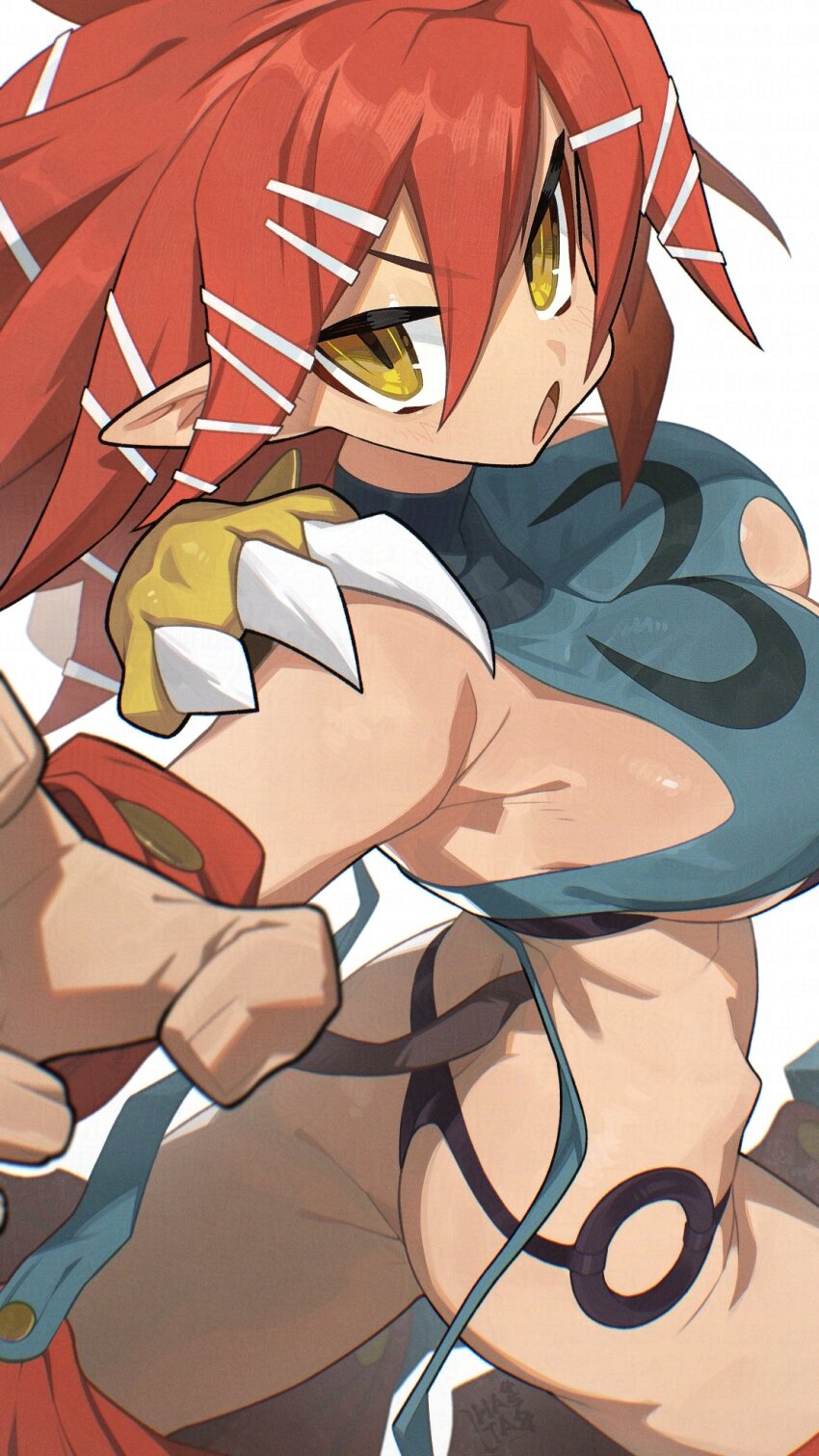 1girl ass beast_master_(disgaea) bikini breasts commentary_request disgaea hair_between_eyes hata4564 highres large_breasts looking_at_viewer open_mouth pointy_ears red_hair short_hair simple_background solo swimsuit tail white_background yellow_eyes