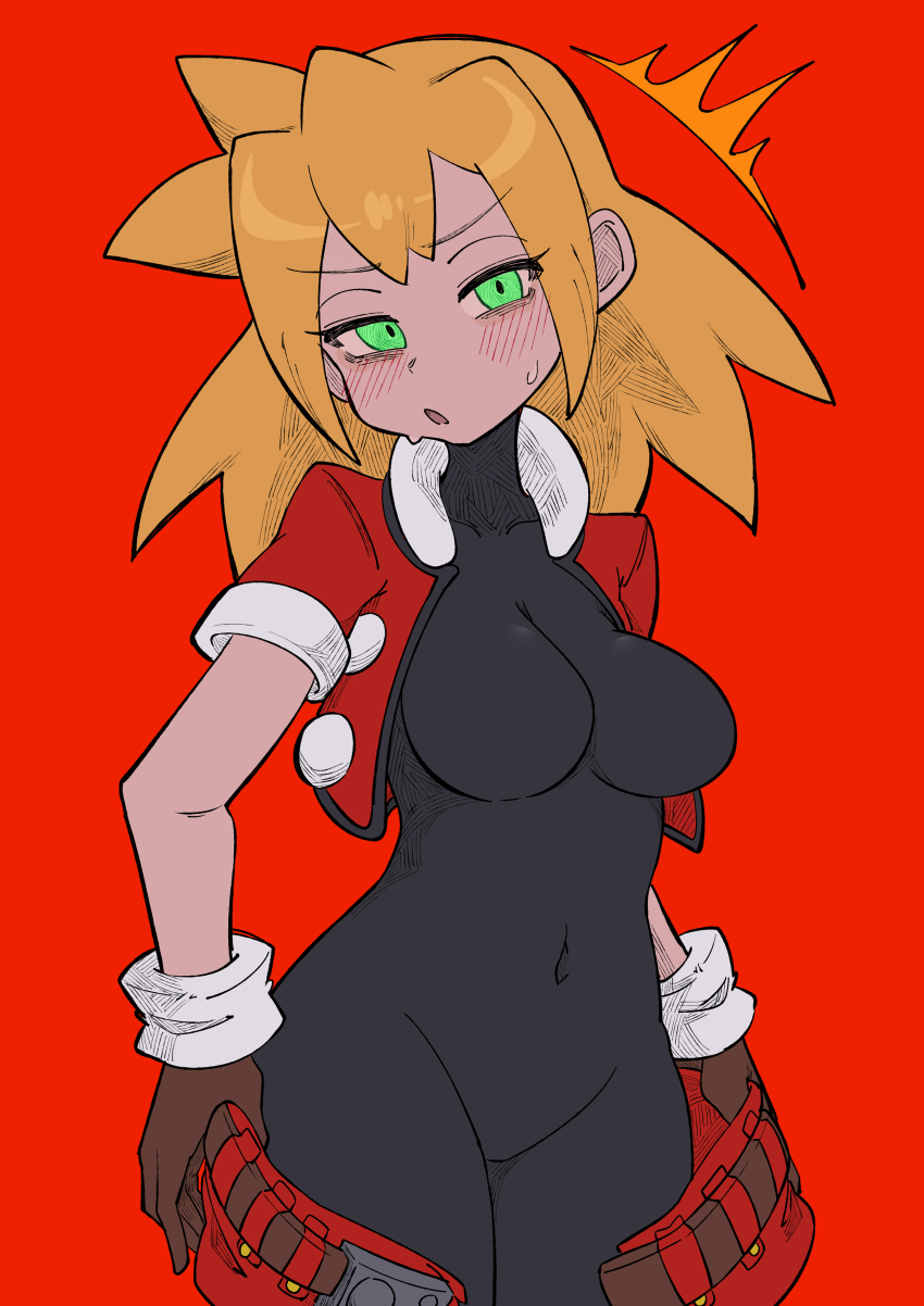 1girl absurdres black_bodysuit blonde_hair blush bodysuit breasts buzzlyears covered_collarbone covered_navel cropped_jacket glowing glowing_eyes green_eyes highres jacket long_hair medium_breasts mega_man_(series) mega_man_legends_(series) no_headwear open_clothes open_jacket open_shorts red_eyes red_shorts roll_caskett_(mega_man) shorts solo sweat