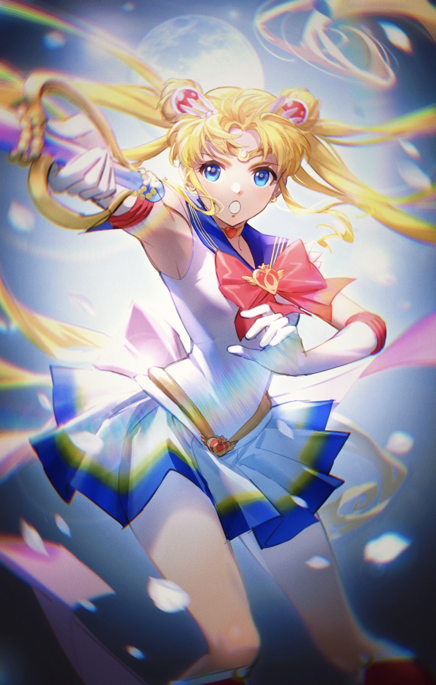 1girl :o absurdres armpits bishoujo_senshi_sailor_moon bishoujo_senshi_sailor_moon_supers blonde_hair blue_eyes blue_sailor_collar boots bow brooch choker circlet cowboy_shot crisis_moon_compact dot_nose double_bun eclosion elbow_gloves full_moon gloves hair_bun hair_ornament hairpin heart heart_brooch heart_choker highres holding holding_wand jewelry kaleidomoon_scope knee_boots legs_apart long_hair looking_at_viewer magical_girl moon multicolored_clothes multicolored_skirt open_mouth petals pleated_skirt red_bow red_footwear sailor_collar sailor_moon sailor_senshi_uniform sidelocks skirt solo super_sailor_moon tsukino_usagi twintails wand white_gloves