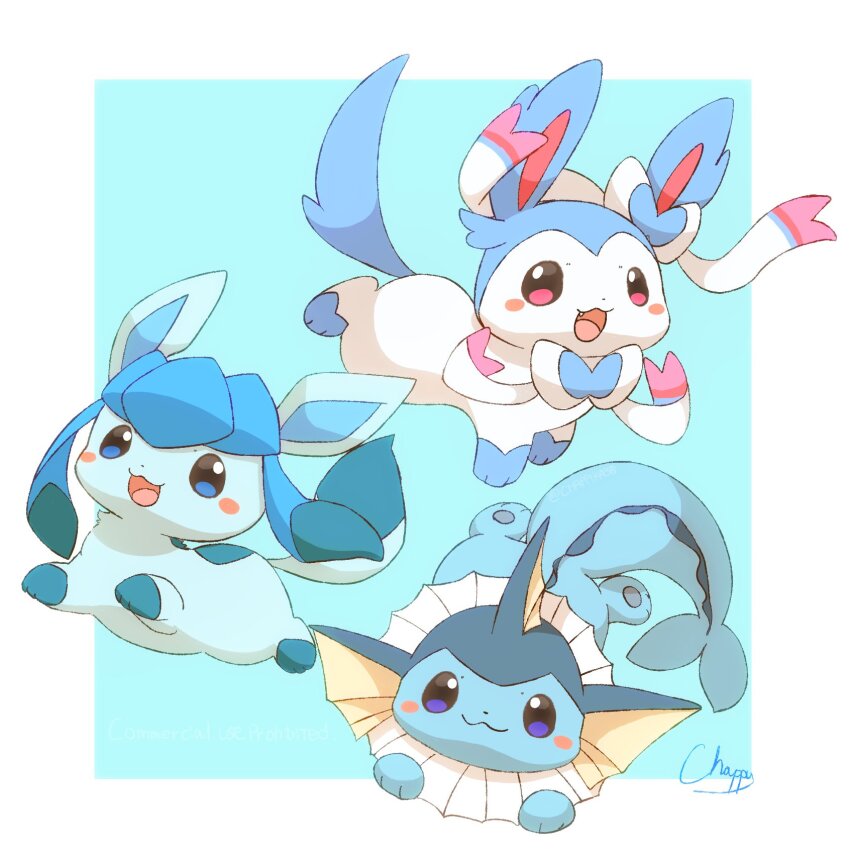 alternate_color animal_focus black_eyes blue_eyes blue_hair blush blush_stickers bow bright_pupils creatures_(company) fins game_freak gen_1_pokemon gen_4_pokemon gen_6_pokemon glaceon head_fins highres mimix nintendo no_humans open_mouth pink_eyes pokemon pokemon_(creature) ribbon shiny_pokemon sidelocks smile sylveon vaporeon white_pupils