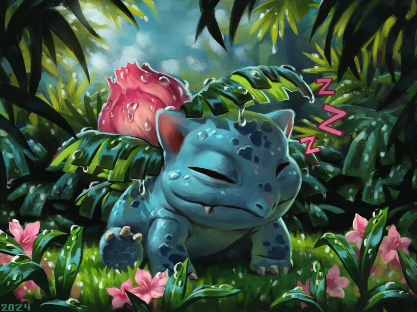 alexpahomov animal_focus claws closed_eyes closed_mouth commentary creatures_(company) dated dew_drop english_commentary fangs flower full_body game_freak gen_1_pokemon grass ivysaur nintendo no_humans outdoors painterly pink_flower pokemon pokemon_(creature) rainforest water_drop zzz