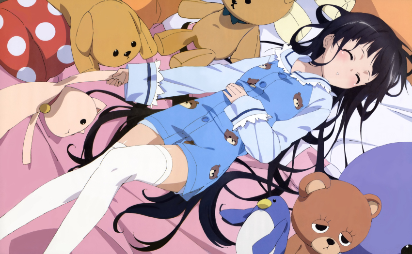 1girl absurdres bird black_hair blush closed_eyes female_focus highres kami-sama_no_memo-chou long_hair lying penguin shimazawa_noriko shionji_yuuko sleeping solo stuffed_animal stuffed_cat stuffed_penguin stuffed_toy teddy_bear thighhighs third-party_edit very_long_hair white_thighhighs