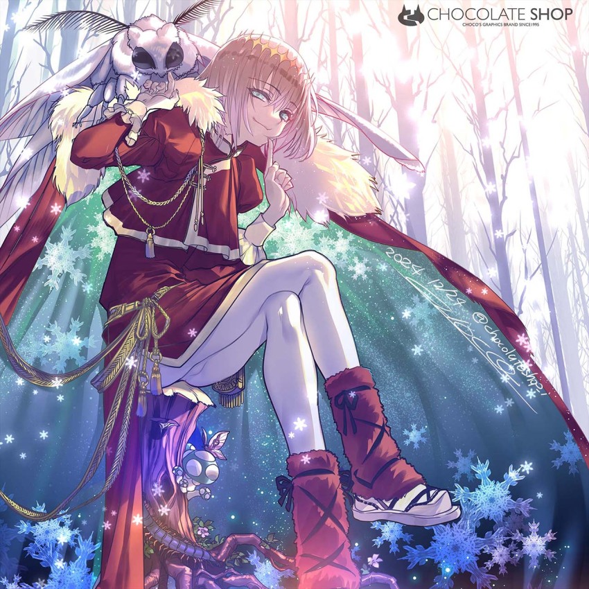 1boy aiguillette blanca_(fate) blonde_hair blue_eyes bug cape centipede choco_(chocolate_shop) crown day diamond_hairband fate/grand_order fate_(series) fur-trimmed_cape fur_trim highres index_finger_raised insect leg_warmers leggings long_sleeves looking_at_viewer male_focus medium_hair moth moth_on_hand mushroom oberon_(fate) outdoors red_robe robe sitting sitting_on_tree_stump smile snowflake_print tree tree_stump white_leggings winter