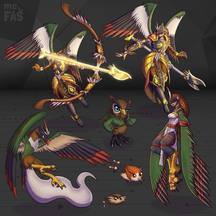 beak bird claws digimon digimon_(creature) evolutionary_line falcomon harpy highres mask monster_girl original pinamon puwamon wings