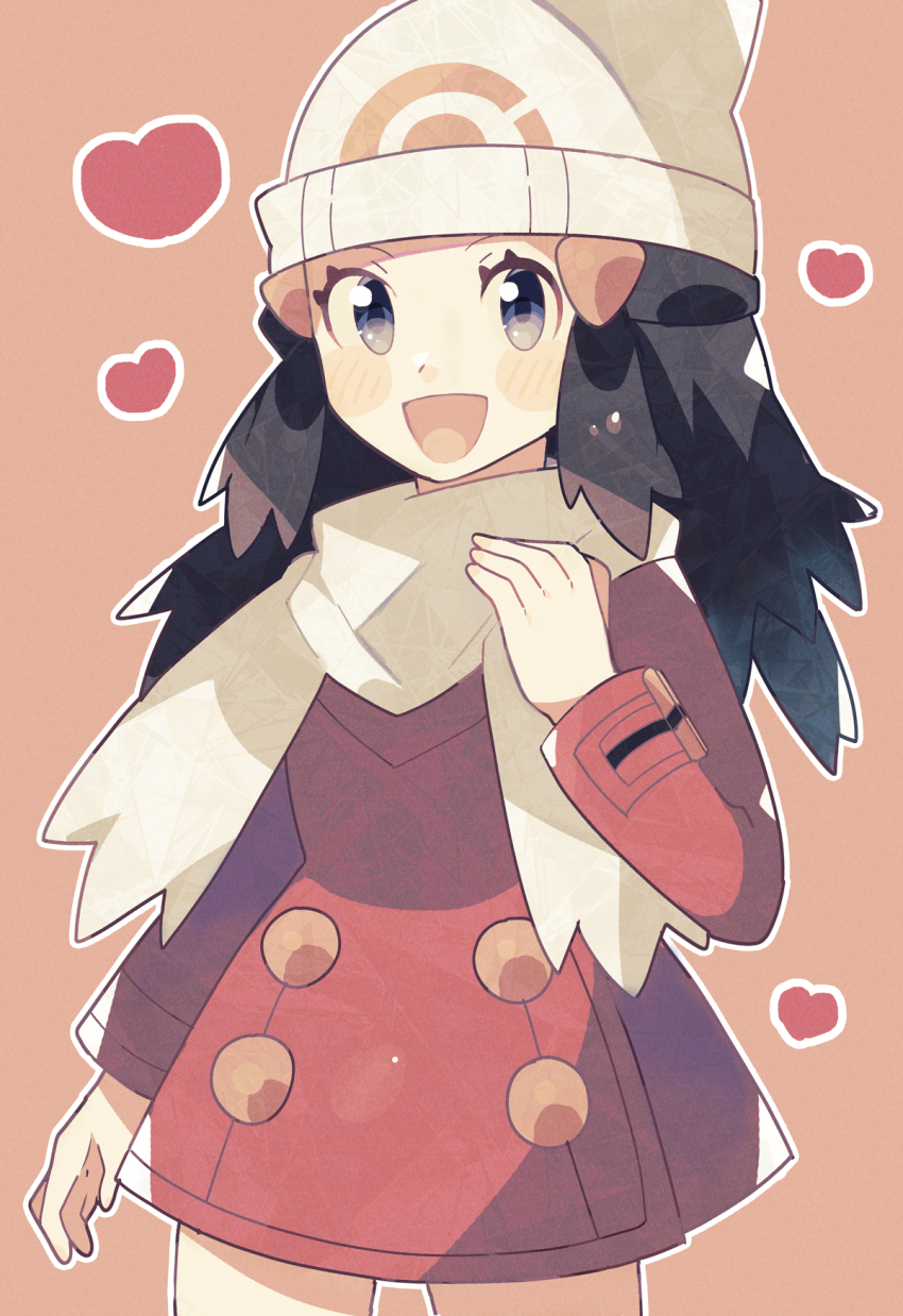 1girl :d anidler91 beanie black_hair blue_eyes coat cowboy_shot creatures_(company) dawn_(pokemon) game_freak hair_ornament half_updo hand_up hat heart highres long_hair long_sleeves nintendo open_mouth outline pink_background pokemon pokemon_dppt pokemon_platinum red_coat scarf smile solo white_hat white_outline white_scarf