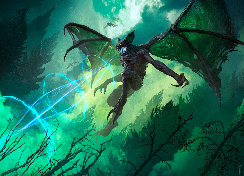 animal_ears bat_ears bat_wings fallout_(series) flying magic:_the_gathering monster monster_focus ninois no_humans outdoors scorchbeast tree wings