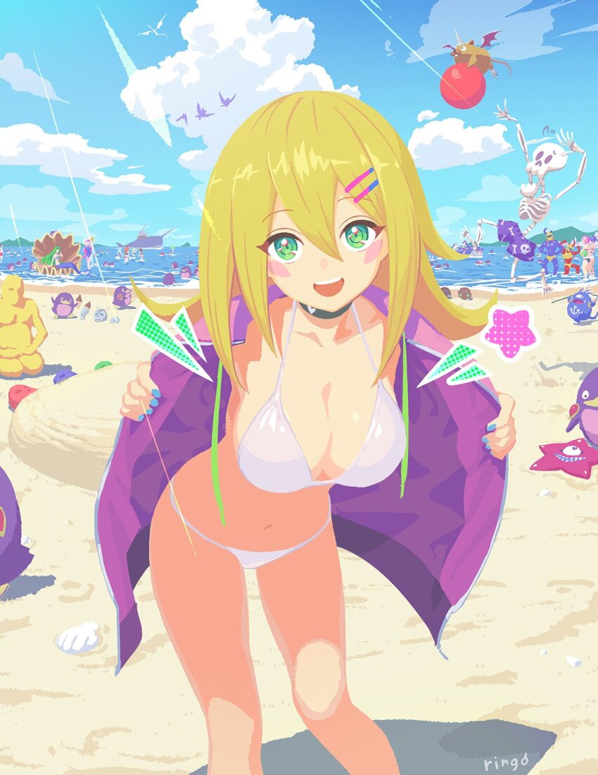 aitsu_(parodius) archfiend_marmot_of_nefariousness artist_name aussa_(yu-gi-oh!) beach bent_over bikini blonde_hair blush_stickers breasts character_request cleavage cloud collar collarbone dark_magician_girl doitsu_(parodius) duel_monster eria_(yu-gi-oh!) evil_twin_ki-sikil evil_twin_lil-la feet_out_of_frame floowandereeze_&amp;_snowl fortress_whale green_eyes highres hiita hiita_(yu-gi-oh!) jacket ki-sikil_(yu-gi-oh!) koitsu_(parodius) kuriboh large_breasts left-hand_skark lil-la_(yu-gi-oh!) long_hair m-warrior_1 m-warrior_2 ocean open_mouth penguin_soldier pink_jacket right-hand_shark ringo_ringogoo sand skull_servant soitsu_(parodius) solo_focus star_boy sunlight swimsuit white_bikini wretched_ghost_of_the_attic wynn_(yu-gi-oh!) yu-gi-oh!