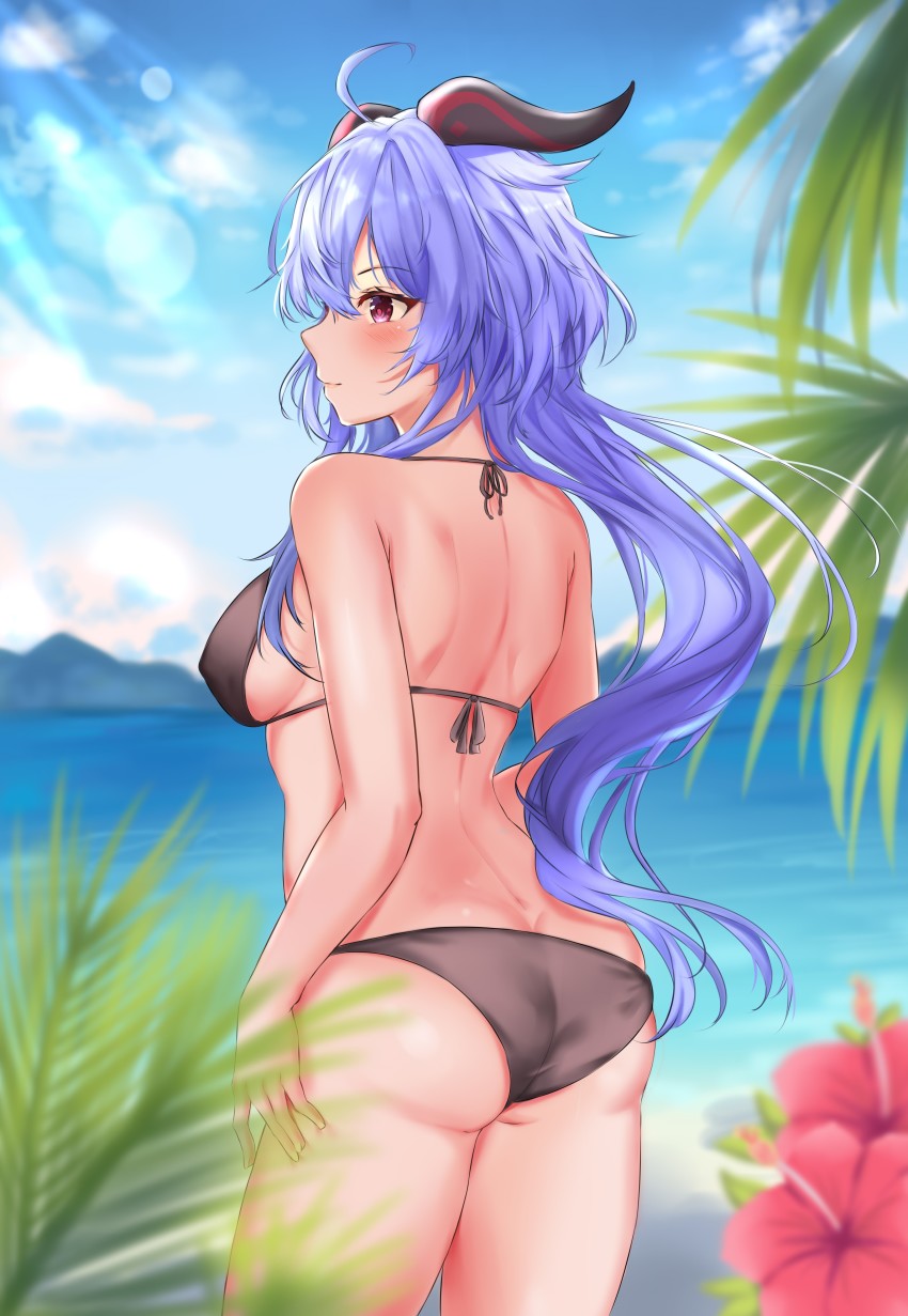 1girl absurdres ahoge alternate_costume ass bare_back beach bikini black_bikini blue_hair blue_sky blurry breasts butt_crack cloud cloudy_sky commentary_request depth_of_field flower from_behind ganyu_(genshin_impact) genshin_impact hair_between_eyes halterneck highres hisuka horizon horns long_hair looking_away mountainous_horizon ocean purple_eyes sideboob sidelocks sky smile solo spaghetti_strap string_bikini swimsuit