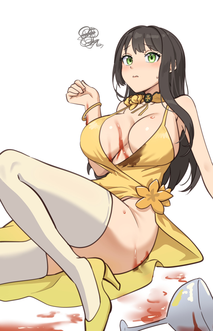 1girl ajidot arm_support bangle bare_arms bare_shoulders black_hair black_survival bottomless bracelet breasts character_request cleavage closed_eyes cocktail_glass collarbone cup dress drinking_glass eternal_return:_black_survival green_eyes high_heels highres jewelry large_breasts long_hair simple_background sitting solo spill squiggle sweatdrop thighhighs thighs wet wet_clothes white_background white_thighhighs yellow_dress yellow_footwear