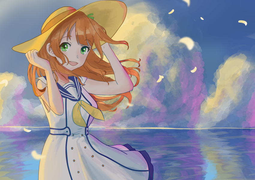 1girl :d absurdres backlighting cloud day dress green_eyes hanamaru_hareru hanayori_jyoshiryou hand_up hat highres long_hair looking_at_viewer open_mouth orange_hair outdoors sleeveless sleeveless_dress smile solo standing sun_hat virtual_youtuber water white_dress wonderfullight yellow_hat