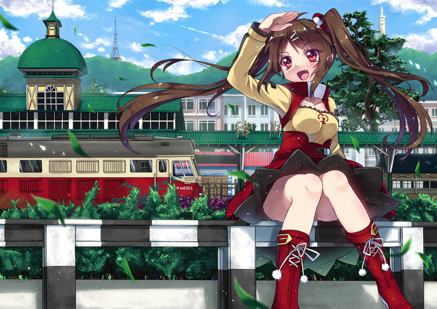 1girl :d arm_up blush boots breasts brown_hair building china_railway_girl cloud collarbone convenient_leg cross-laced_footwear day diesel_locomotive fang female_focus hair_ornament hairclip knees_together_feet_apart lace-up_boots locomotive long_hair medium_breasts north_abyssor open_mouth outdoors personification plant railing red_eyes red_footwear sitting skirt smile solo train train_station twintails very_long_hair