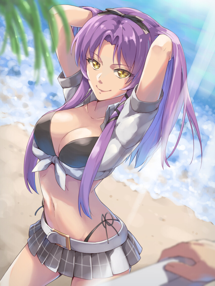 1girl 1other alternate_costume arms_up belt bikini black_hairband black_ribbon blurry blurry_background blurry_foreground bow_hairband breasts chiharu_(9654784) closed_mouth commentary_request curtained_hair eiyuu_densetsu falcom grey_skirt hairband highleg highleg_bikini highres kuro_no_kiseki_(series) kuro_no_kiseki_i large_breasts looking_at_viewer miniskirt navel plaid_clothes plaid_skirt renne_(eiyuu_densetsu) ribbon skirt smile solo_focus swimsuit yellow_eyes