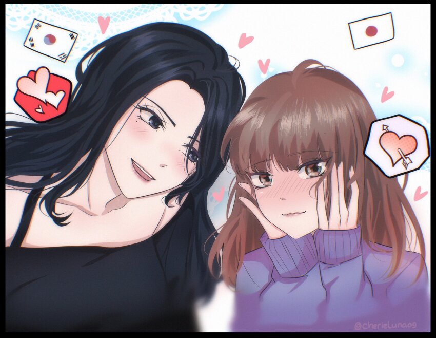 2girls black_border black_eyes black_hair black_shirt blush border brown_eyes brown_hair cherie_luna chromatic_aberration closed_mouth collarbone commentary_request heart highres japan-korea_yuri_(meme) japanese_flag long_hair long_sleeves looking_at_another meme mole mole_under_eye multiple_girls original parted_lips purple_sweater shirt sleeves_past_wrists smile south_korean_flag spoken_heart sweater twitter_username upper_body yuri