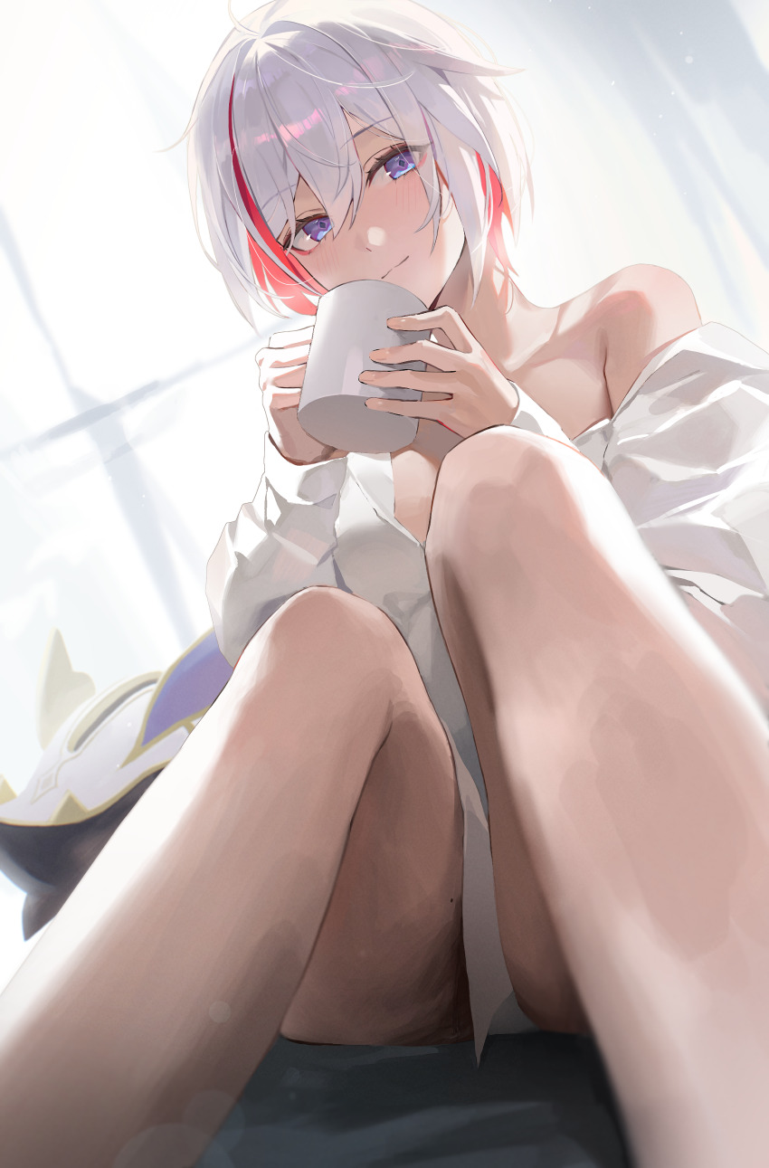 1girl absurdres backlighting blue_eyes blush breasts closed_mouth commentary cup curtains english_commentary feet_out_of_frame hair_between_eyes highres holding holding_cup honkai:_star_rail honkai_(series) knees_together_feet_apart light_smile long_sleeves looking_to_the_side medium_breasts mole mole_on_thigh multicolored_hair naked_shirt numby_(honkai:_star_rail) red_hair ryugisa shirt short_hair single_off_shoulder sitting solo streaked_hair sunlight topaz_(honkai:_star_rail) trotter_(honkai:_star_rail) two-tone_hair white_hair white_shirt window