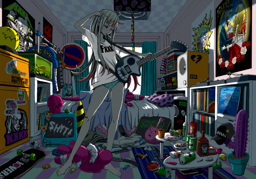 1girl alcohol bandaid barefoot bedroom beer belt blonde_hair blue_eyes book cactus candy cd chocolate cigarette clothes crocodile crocodilian crt drink electric_guitar eyeball female_focus fish fish_tank food gradient_hair guitar handheld_game_console hat hatsune_miku heineken instrument katouken_(ktn-works) legs long_hair messy_room mouth_hold multicolored_hair mystery_skateboards nevermind nirvana_(band) nofx one_eye_closed original panties phonograph pizza playstation_portable punk rancid_(band) record red_hair red_hot_chili_peppers shirt skateboard skull solo stuffed_animal stuffed_toy television turntable underwear vans vocaloid white_hair wink