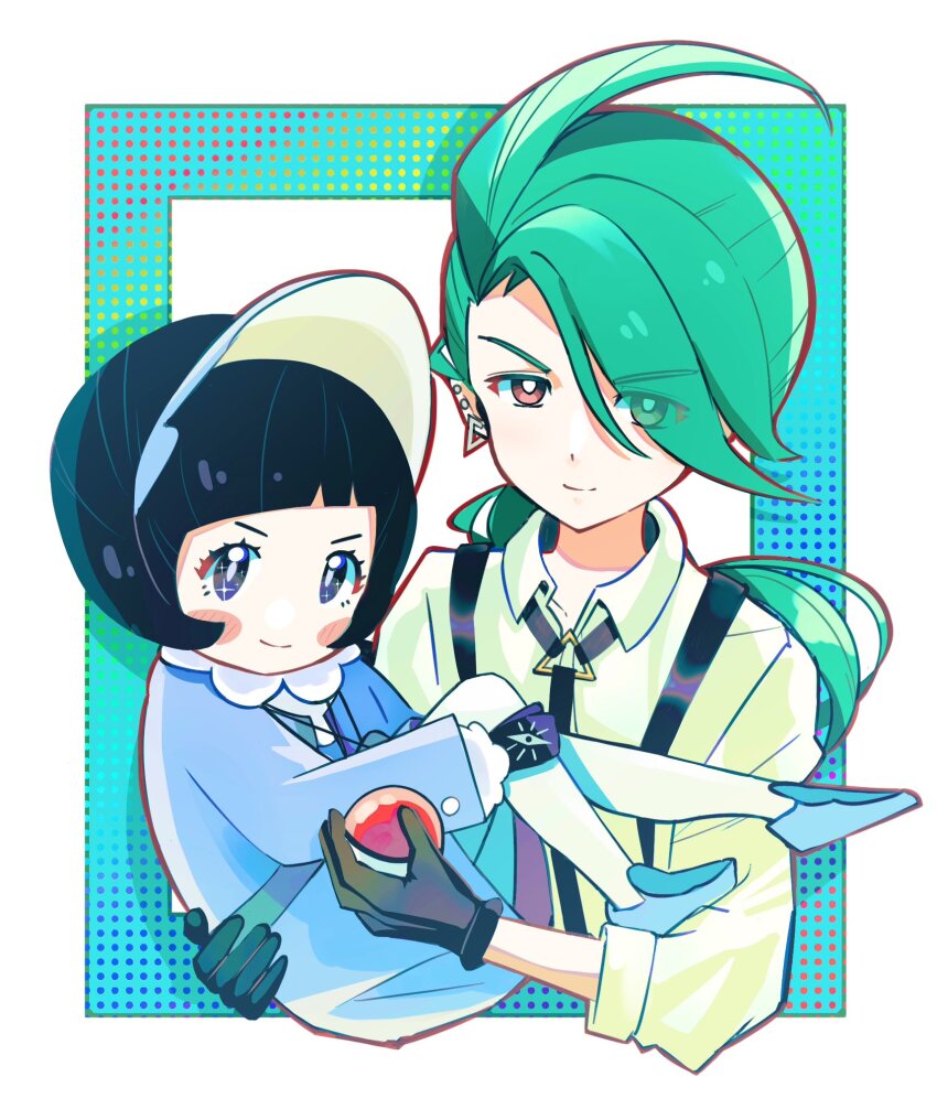 2girls black_gloves black_hair blunt_bangs blush_stickers bright_pupils brown_eyes carrying closed_mouth collared_shirt commentary_request creatures_(company) earrings eyelashes game_freak gloves green_hair highres holding holding_poke_ball jacket jewelry long_hair long_sleeves mentarakooo multiple_girls necktie nintendo pantyhose poke_ball poke_ball_(basic) pokemon pokemon_sv poppy_(pokemon) rika_(pokemon) shirt shoes short_hair smile sparkling_eyes stud_earrings suspenders