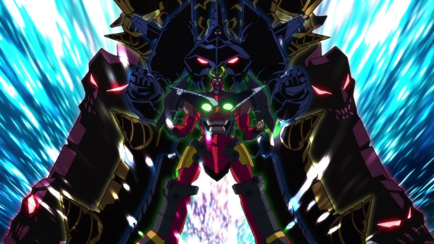 2007 anime_screenshot arc_gurren-lagann chouginga_gurren-lagann drill evolution glowing glowing_eye gurren-lagann mecha moon_(ornament) red_eyes robot silhouette tengen_toppa_gurren-lagann_(mecha) tengen_toppa_gurren_lagann