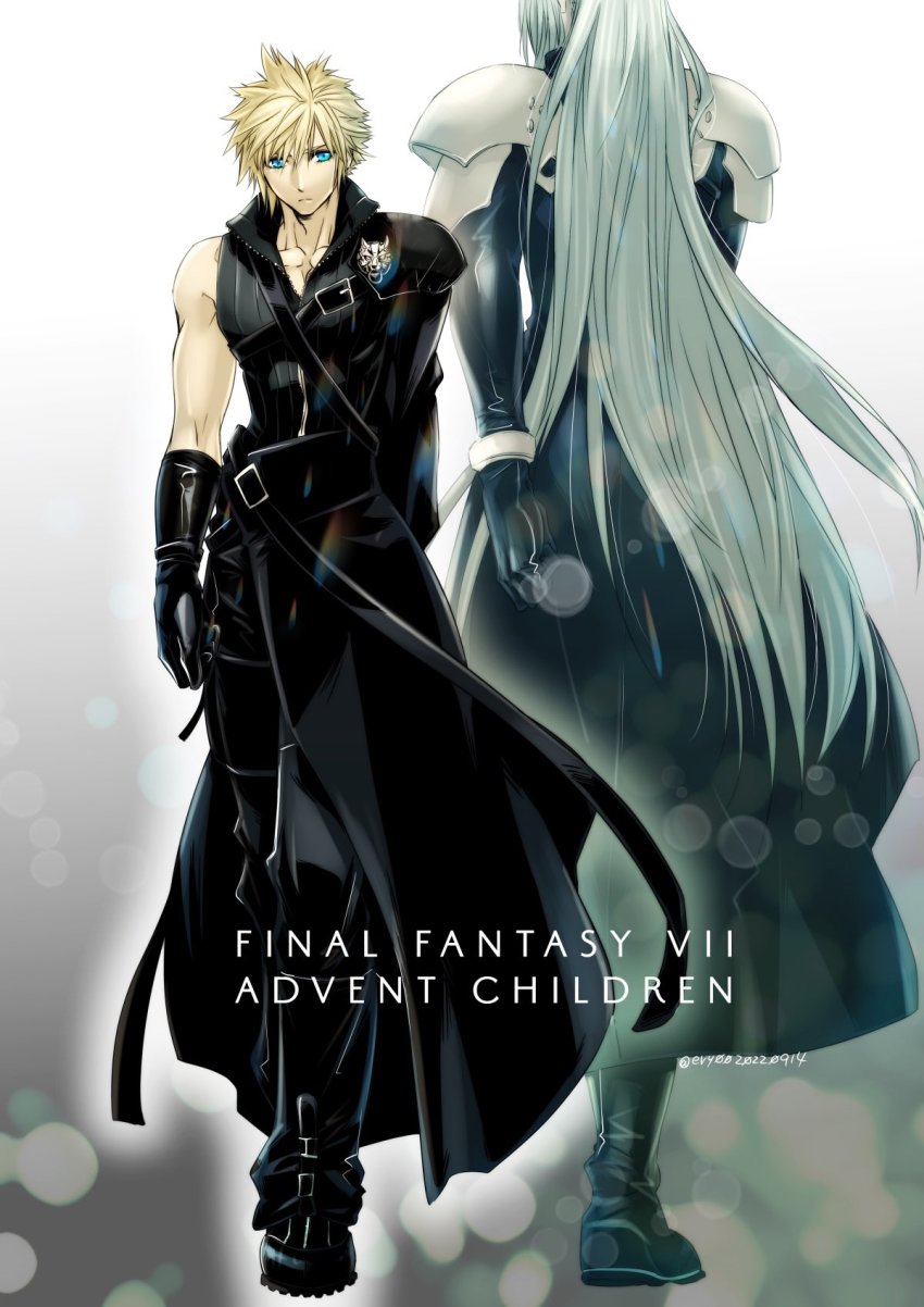 2boys aiz00 aqua_eyes armor black_footwear black_gloves black_jacket black_pants black_shirt blonde_hair blurry bokeh boots cloud_strife collarbone dated depth_of_field facing_away facing_viewer final_fantasy final_fantasy_vii final_fantasy_vii_advent_children full_body gloves grey_hair hair_between_eyes high_collar highres jacket long_hair long_jacket male_focus multiple_boys muscular muscular_male open_collar pants sephiroth shirt short_hair shoulder_armor single_sleeve sleeveless sleeveless_shirt spiked_hair strap twitter_username waist_cape walking wolf