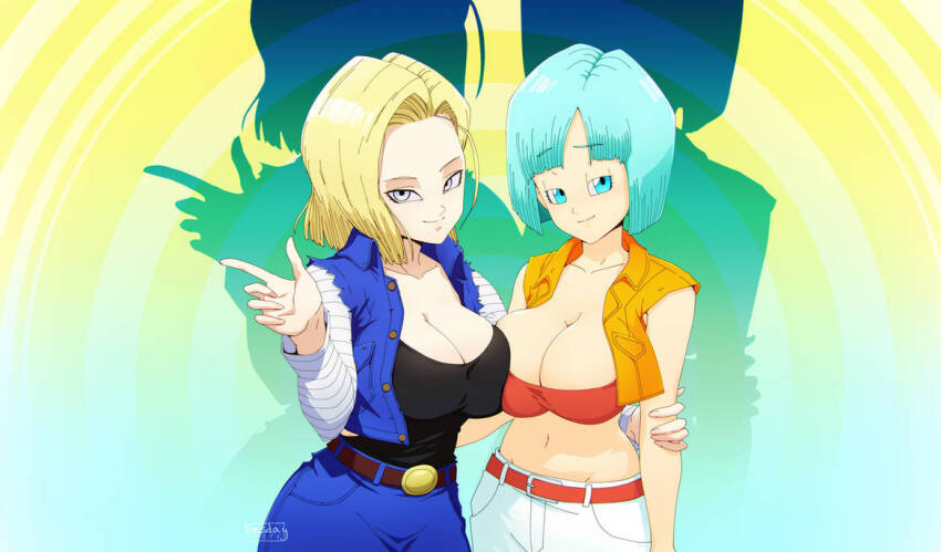 2girls android_18 blonde_hair blue_eyes blue_hair breasts bulma cleavage collarbone dragonball_z large_breasts ledy looking_at_viewer multiple_girls navel yuri