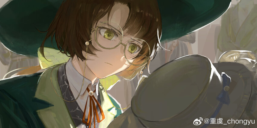 backlighting bow brown_hair chongyu closed_mouth collared_shirt crowd eyewear_strap furrowed_brow glasses green_eyes green_hat green_jacket hair_bow hat highres isolde_(reverse:1999) jacket kakania_(reverse:1999) looking_at_another neck_ribbon people red_ribbon reverse:1999 ribbon round_eyewear semi-rimless_eyewear shirt solo_focus under-rim_eyewear upper_body weibo_logo weibo_watermark white_hat white_shirt worried yellow_bow