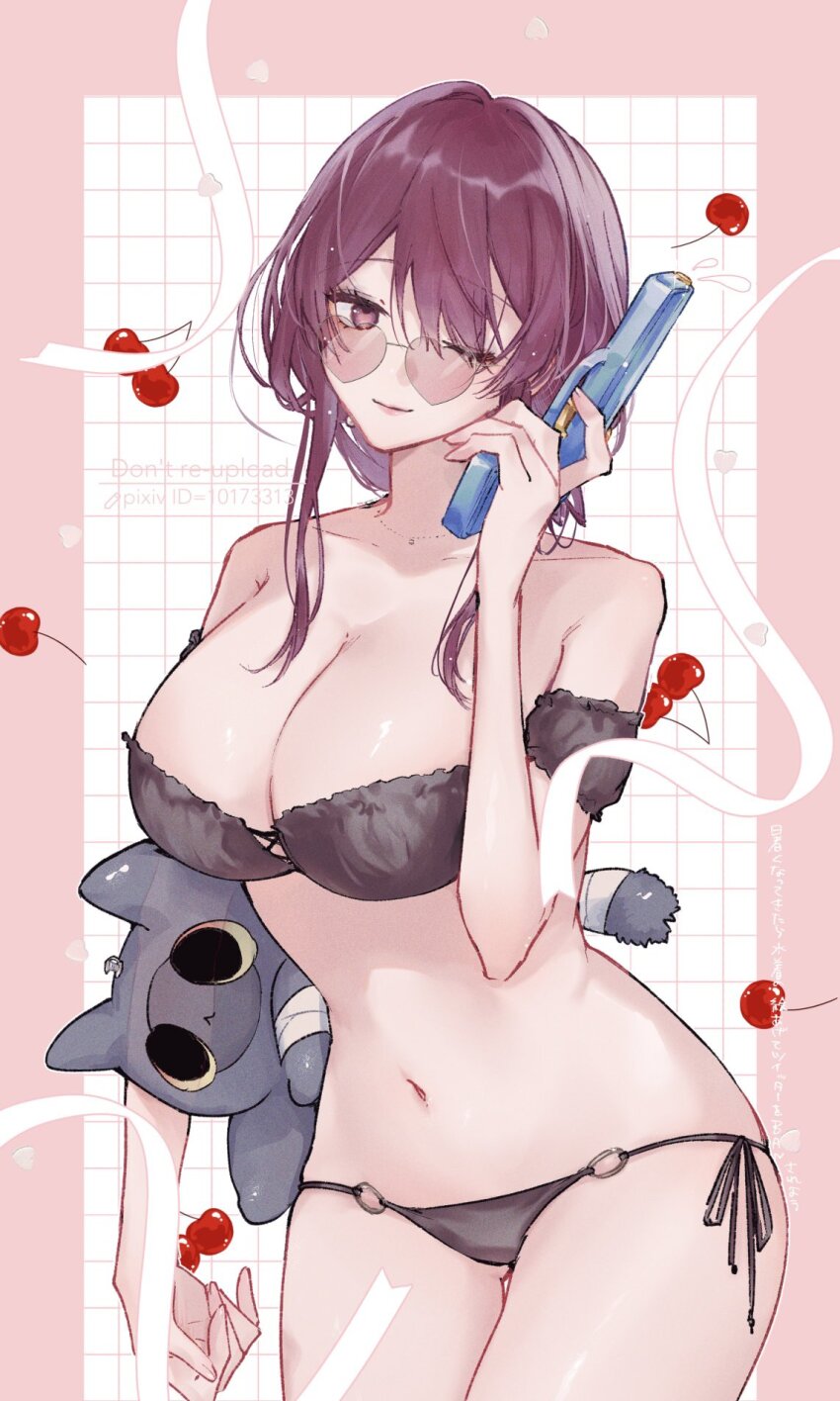 1girl bebe bikini black_bikini breasts cleavage closed_mouth collarbone cowboy_shot hair_between_eyes highres holding holding_water_gun honkai:_star_rail honkai_(series) kafka_(honkai:_star_rail) large_breasts looking_at_viewer navel one_eye_closed purple_eyes purple_hair sidelocks smile solo sunglasses swimsuit water_gun