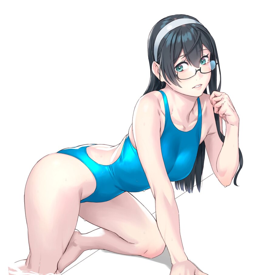 1girl alternate_costume aqua_eyes bare_arms bare_legs bare_shoulders barefoot black-framed_eyewear black_hair breasts commentary_request competition_swimsuit glasses hair_between_eyes hairband highleg highres kantai_collection long_hair looking_at_viewer medium_breasts one-piece_swimsuit ooyodo_(kancolle) parted_lips poolside semi-rimless_eyewear simple_background solo swimsuit thighs under-rim_eyewear water wet white_background white_hairband yuuji_(and)