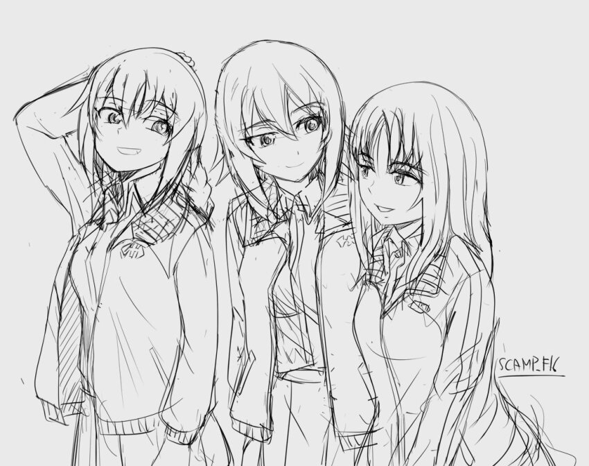 3girls braid commentary_request girls_und_panzer girls_und_panzer_phase_erika girls_und_panzer_ribbon_no_musha jacket kuromorimine_military_uniform long_hair maaru_ren miniskirt multiple_girls nishizumi_maho open_clothes open_jacket scamp_(scamp_f16) short_hair signature skirt takahashi_natsumi track_jacket