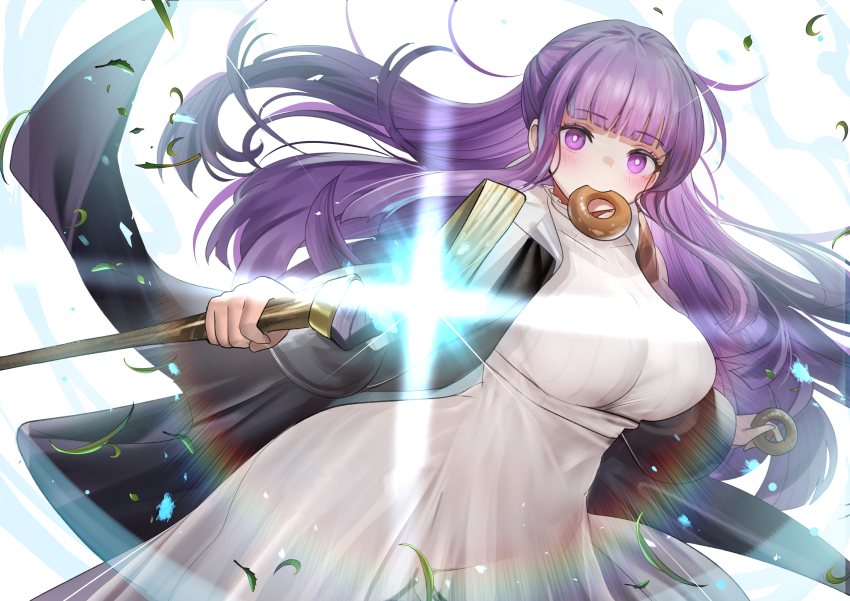 1girl absurdres black_coat blunt_bangs breasts coat commentary doughnut dress fern_(sousou_no_frieren) floating_hair food food_in_mouth half_updo highres holding holding_food holding_staff large_breasts long_sleeves looking_at_viewer mage_staff open_clothes open_coat purple_eyes purple_hair see-through_clothes solo sousou_no_frieren staff straight_hair teddy_(khanshin) white_dress